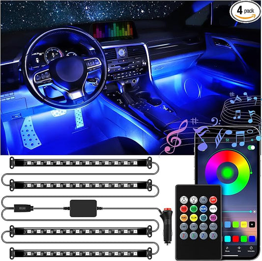 LivTee Smart Car Interior Lights, RGB LED Accent Lights with App Control, DIY & Music Mode, 2 Lines Design LED Lights for Cars, 12V Cigarette Lighter Power, Car Accessories for Women