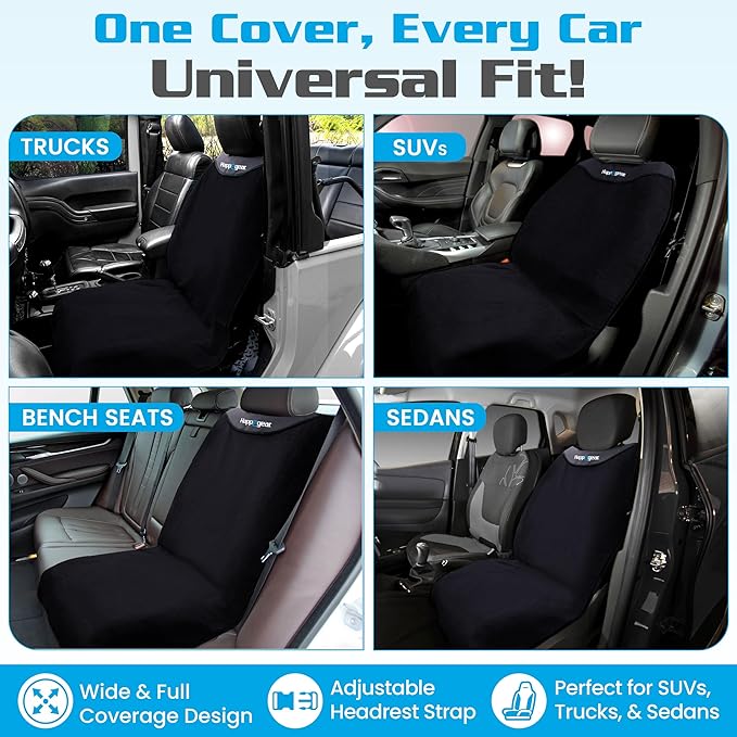 HAPPEGEAR Happeseat Waterproof Car Seat Cover & Protector, Black | Universal Fit, Car Seat Towel Cover, Non-Slip Backing, Machine Washable, Fits Front & Back, Easy Install & Storage