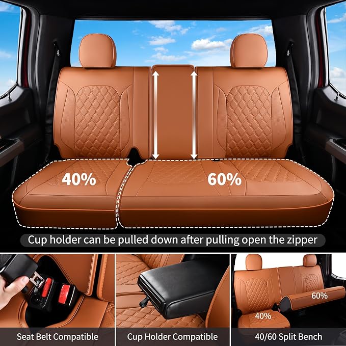 Huidasource F150 Truck Seat Covers Fit for 2015-2026 Ford F150 & 2017-2026 F250 F350 F450 Crew Cab XL XLT Lariat King Ranch Platinum, Full Coverage Leather Automotive Seat Cover(Full Set/Brown)
