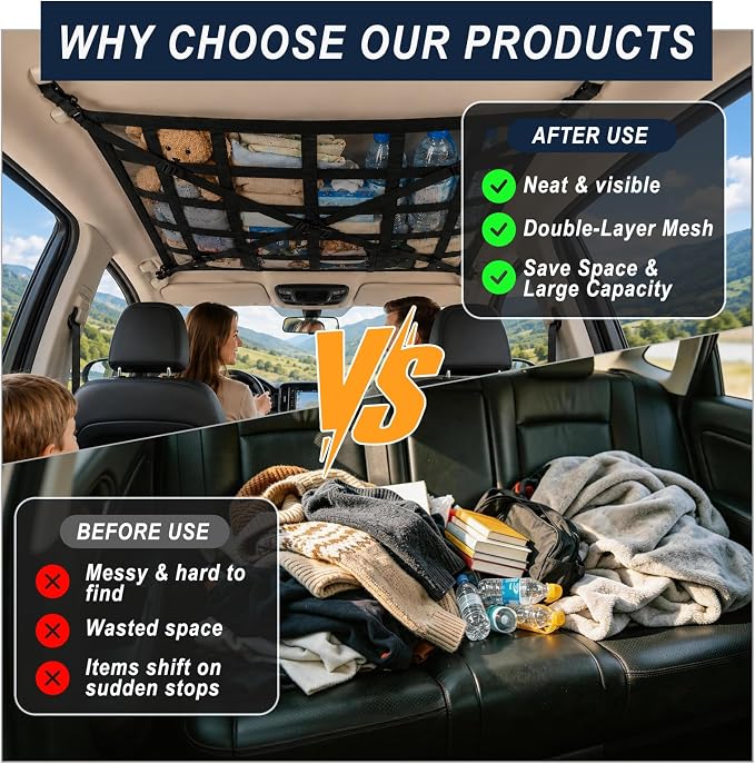 Car Ceiling Cargo Net, 31.5"x20.9" Double-Layer Overhead Roof Storage Organizer for SUV Truck Van, Camping Storage Mesh Net for Travel Road Trips, Van Life Essentials