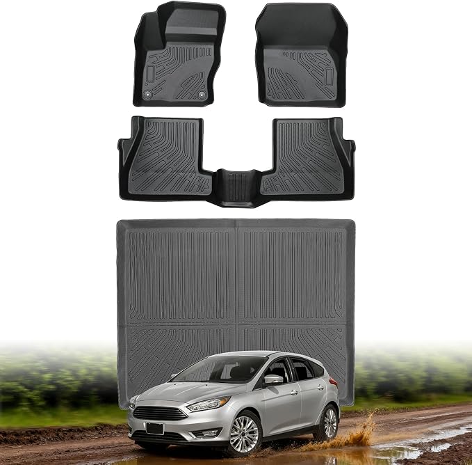 Floor Mats for Ford Focus Hatchback 2012 2013 2014 2015 2016 2017 2018 | All-Weather TPE Car Accessories for Focus S SE SEL Titanium, Custom Fit Waterproof Anti-Slip Car Liners with Cargo Liner