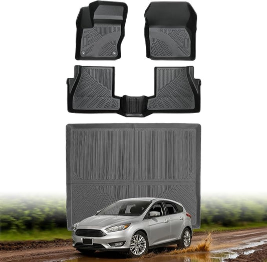 Floor Mats for Ford Focus Hatchback 2012 2013 2014 2015 2016 2017 2018 | All-Weather TPE Car Accessories for Focus S SE SEL Titanium, Custom Fit Waterproof Anti-Slip Car Liners with Cargo Liner