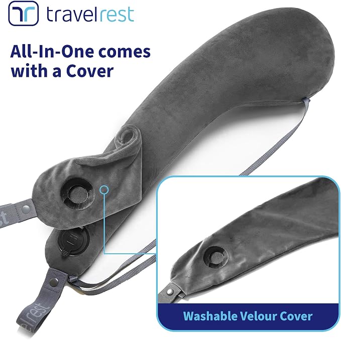 travelrest All-in-One Travel Neck Support & Body Pillow - Airplane Pillow for Long Flight Comfort, Travel Essentials, Sleeping Accessories, Memory Foam, Headrest Support Seat for Car (Grey)