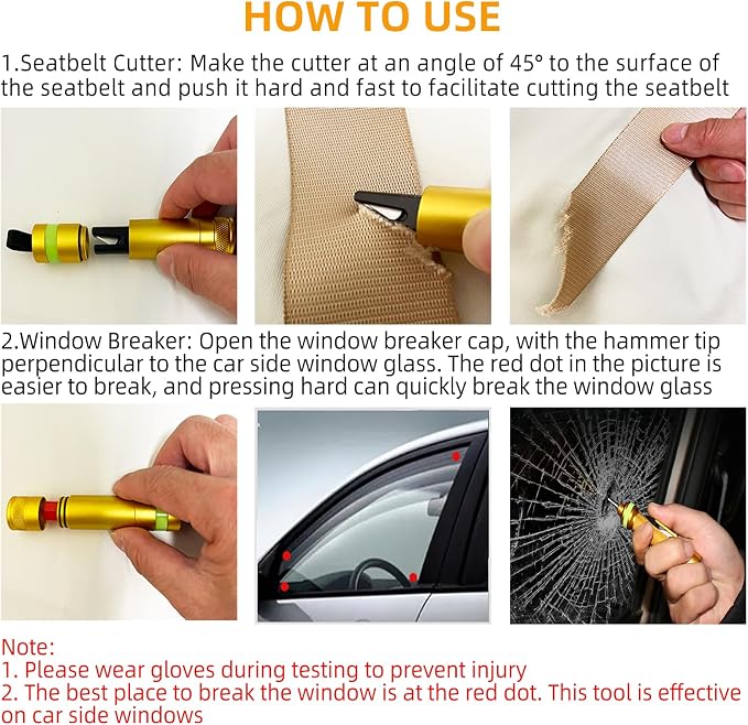 Allelic 2026 Upgraded Window Breaker Seatbelt Cutter, Window Breaker, Glass Breaker, 2-in-1 Emergency Car Escape Tool - Extended Tungsten Hammer Tip Shatters Tempered Glass (2 PCS, Gold)