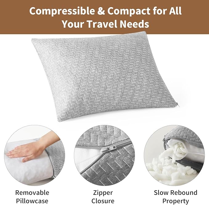 Camping Pillow Shredded Memory Foam Pillow, Compressible Travel Pillow Breathable Cover, Ideal Backpacking Airplane Hiking