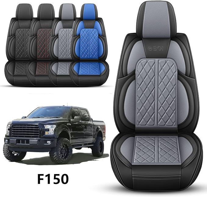 Car Seat Cover Custom Fit for Ford F150 2009-2026 Faux Leather Seat Cover Set Compatible with Regular Cab Super Cab Super Crew Pickup Truck Cushions (Black & Grey, Front Seat)