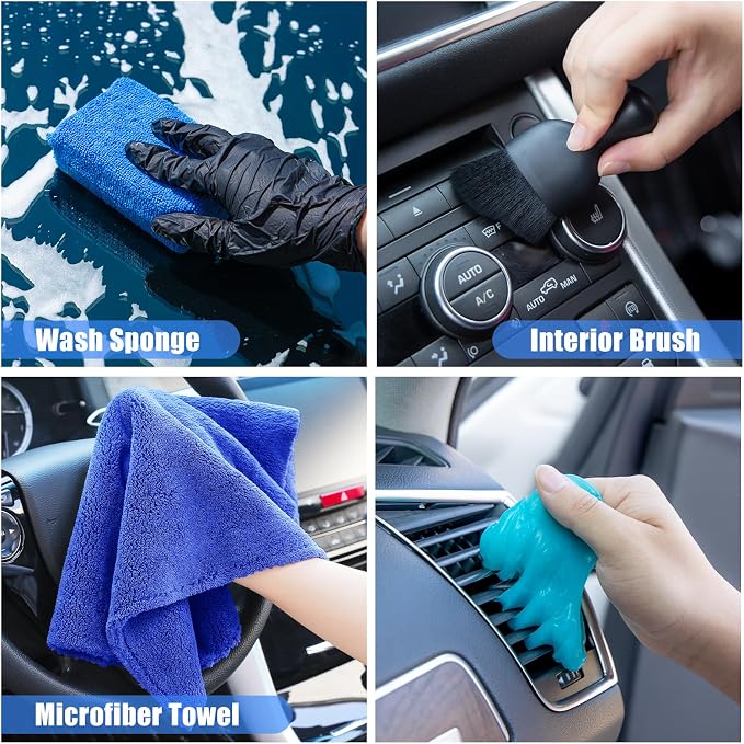 23Pcs Car Detailing Kit Wash Cleaning Kits with Pump Foam Sprayer Wash Brush Large Wash Mitt Towels Complete Interior Exterior Car Detailing Supply Set Blue