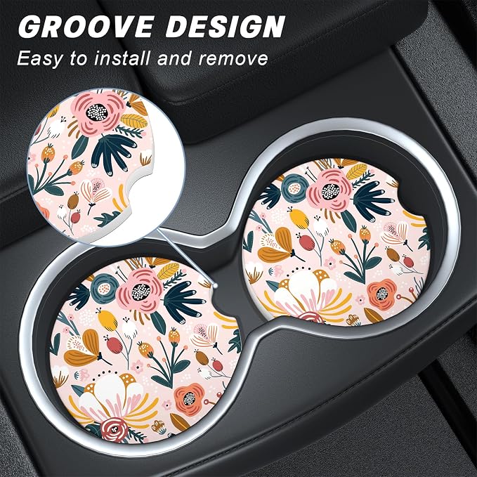 Aiawoxc Car Cup Holder Coasters, 2 Pack Universal Auto Anti Slip Insert Coaster with A Finger Notch, Cup Mat for Most Car Interior, Pink Flower