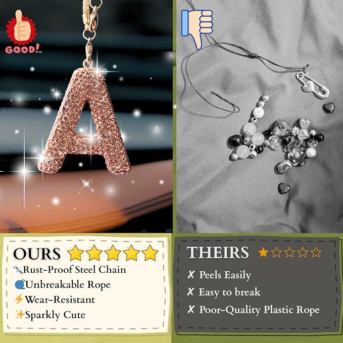 Bling Car Accessories for Women Letter Charm, Rainbow Crystal Rearview Mirror Pendant, Cute Diamond Rhinestone Car Decor, Lucky Gift for Women(A, Champagne Gold)