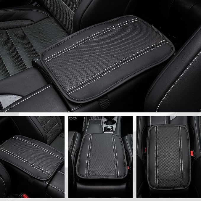 Amiss Car Center Console Cover, Upgraded Leather Car Armrest Cushion, Universal Waterproof Cushion Pad, Non-Slip Car Interior Accessories, Fits Most Sedans SUVs Trucks (Black-Slivery)