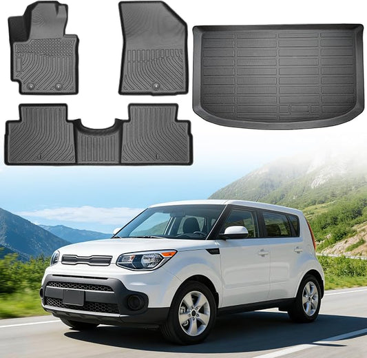Floor Mats for Kia Soul 2014-2019 (Only for Base/Plus/Exclaim) | Not for Hybrid or Turbo, TPE All Weather Protection, Waterproof Non-Slip for Front & Rear (Two-Row Floor Mats & Cargo Liner)