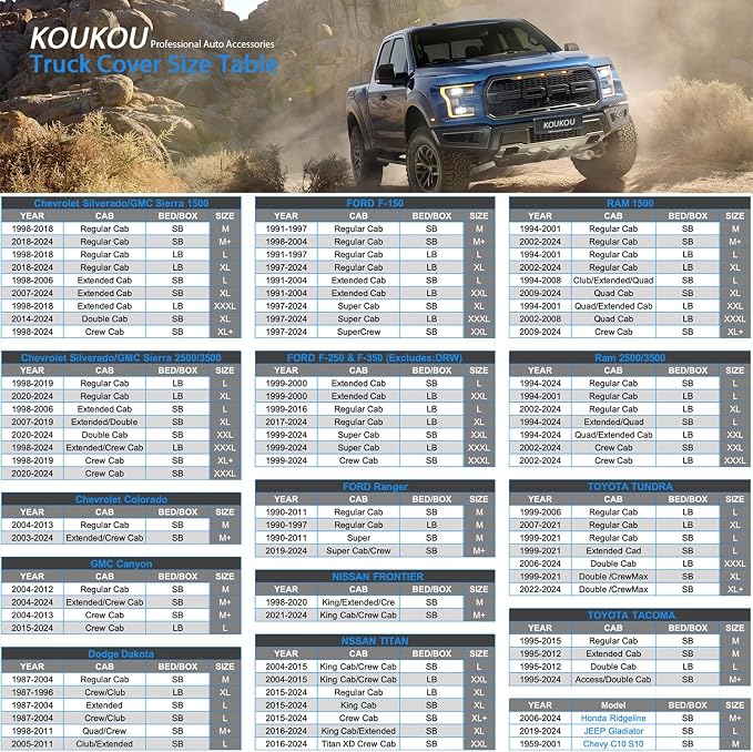 KouKou Truck Cover - Waterproof All Weather, 7 Layers Heavy Duty, Universal Fit for Ford F250 350, Chevrolet Silverado, GMC Sierra Crew Double Cab Trucks Up to 262 inches