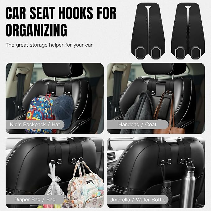 2PCS Car Hooks for Headrest, Faux Leather Purse Hook for Car Seat Back Organizers and Storage, Double Metal Purse Holder Bag Hanger, Universal Car Interior Accessories for Women Man