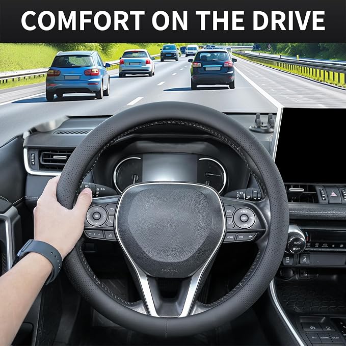 Uxcer Nappa Leather Steering Wheel Cover, Universal 14.5–15 Inch Non-Slip Breathable Steering Wheel Cover for Cars, Black