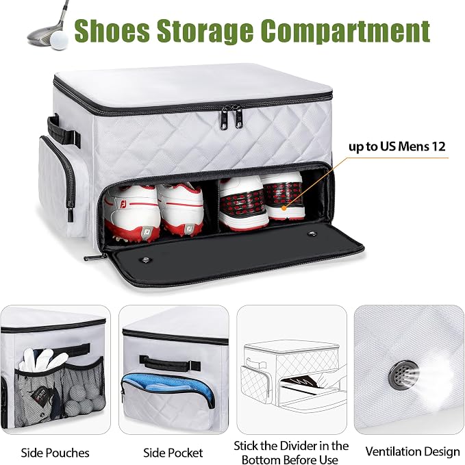 PGmoon 2 Layer Golf Trunk Organizer, Golf Car Storage Organizer,White | Individual Ventilated Compartment for 2 Pairs Shoes, Golf Car Locker for Balls, Clothes, Tees, Gloves, Accessories (Black)