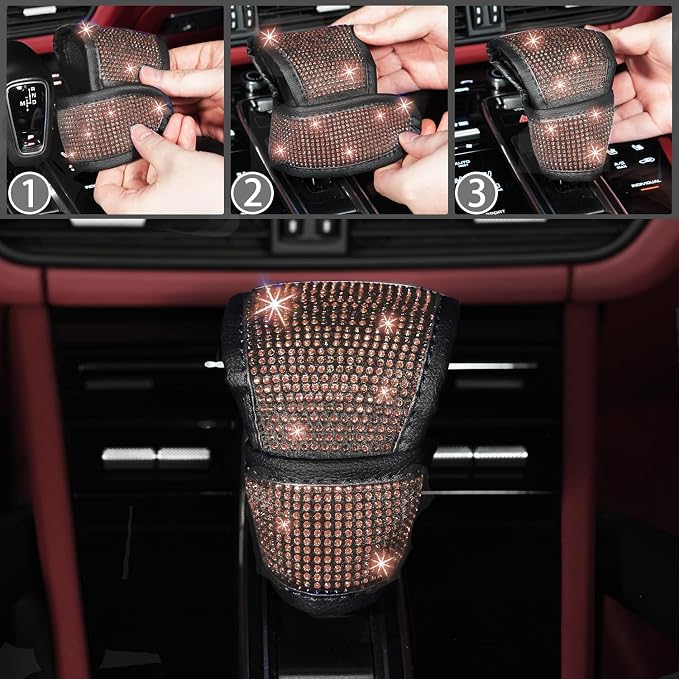 NBTEPEM 12 Pcs Bling Car Accessories Set for Women Car Floor Mats Full Set Steering Wheel Cover Seat Belt Covers Coasters Universal Fit Car SUV Truck Van Champagne