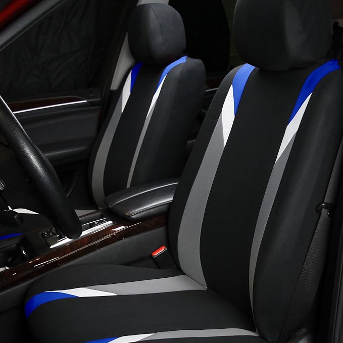 FH Group Front Set Cloth Car Seat Covers for Low Back Car Seats with Removable Headrest, Universal Fit, Airbag Compatible Seat Cover for SUV, Sedan, Van Blue
