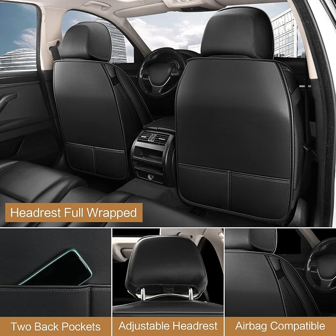 HAIYAOTIMES Leather Car Seat Covers Full Set, Waterproof Faux Leather Seat Covers for Cars, Non-Slip Car Interior Covers Universal Fit for Most Cars Sedans Trucks SUVs, Black