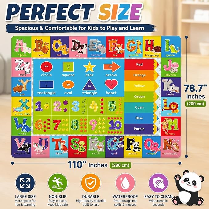 ABC Kids Play Rug, Non-Slip Classroom Carpet, 110" x 78.7" | Colorful ABC pattern, soft low-pile surface, non-slip backing, ideal for playrooms and classrooms