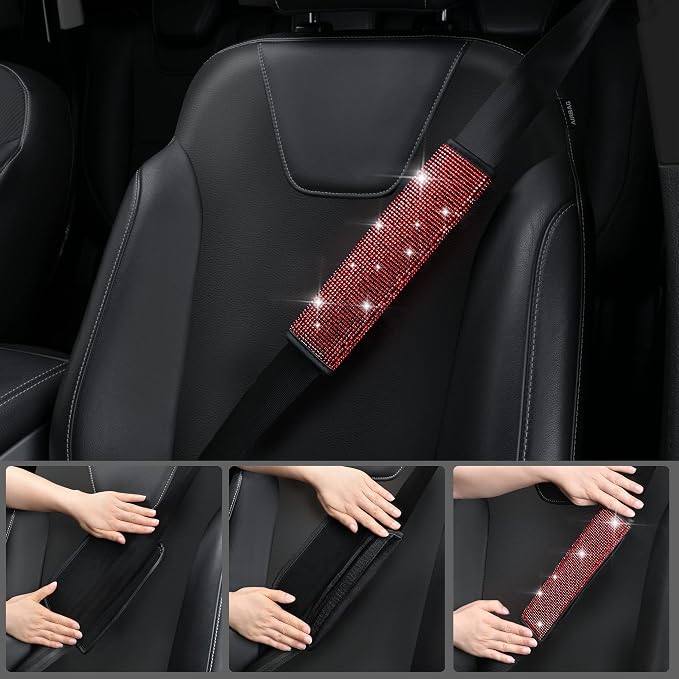 CAR PASS 23 PCS Bling Diamond Car Accessories Set for Women, Leather Car Seat Covers Full Set Sparkly Rhinestone15'' Steering Wheel Covers Shining Diamond Car Floor Mats Cute Car Interior Sets, Red