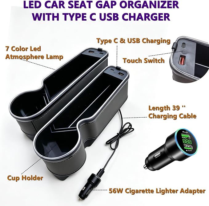 7 Color Led Car Seat Gap Organizer with 56W Type C USB Charging | Multifunctional Front Seat Organizer with Cup Holder Console Organizer Seat Gap Filler with Vibe Lamp for Andriod iPhone Grey