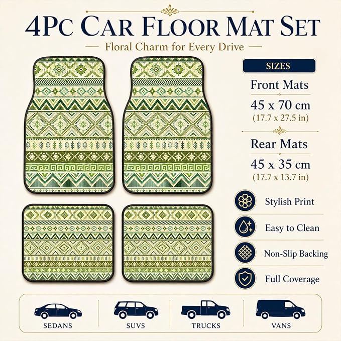 Green Aztec Car Floor Mats Set of 4 Boho Tribal Geometric Pattern Car Accessories Foot Mats Rugs, Non-Slip,Decor for Universal Fit for Suvs Sedans Trucks Cars Auto Floor Carpets Rugs All-Weather