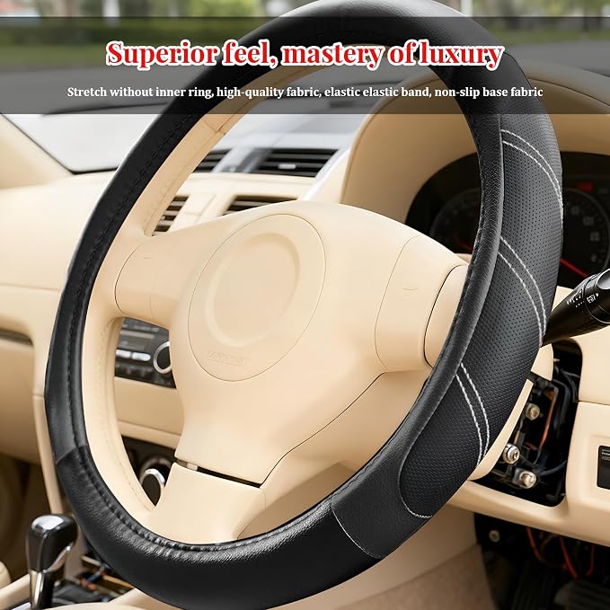 Car Steering Wheel Cover, 14.5-15" Non-Slip Soft Leather Breathable Sporty Steering Wheel Protector, Comfortable Automotive Interior Protection Accessories, Universal for Vehicles (Black)