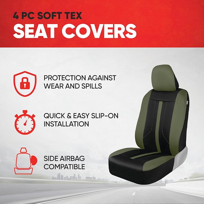 Motor Trend Green Cloth Car Seat Covers for Front Seats – Premium Automotive Bucket Seat Covers, Made for Vehicles with Removable Headrests, Interior Covers for Car Truck Van SUV