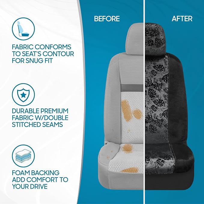 BDK Black Maui Car Seat Covers for Front Seats, 2 Pack – Tropical Pattern with Matching Headrest, Sideless Design for Easy Installation, Fits Most Car Truck Van and SUV