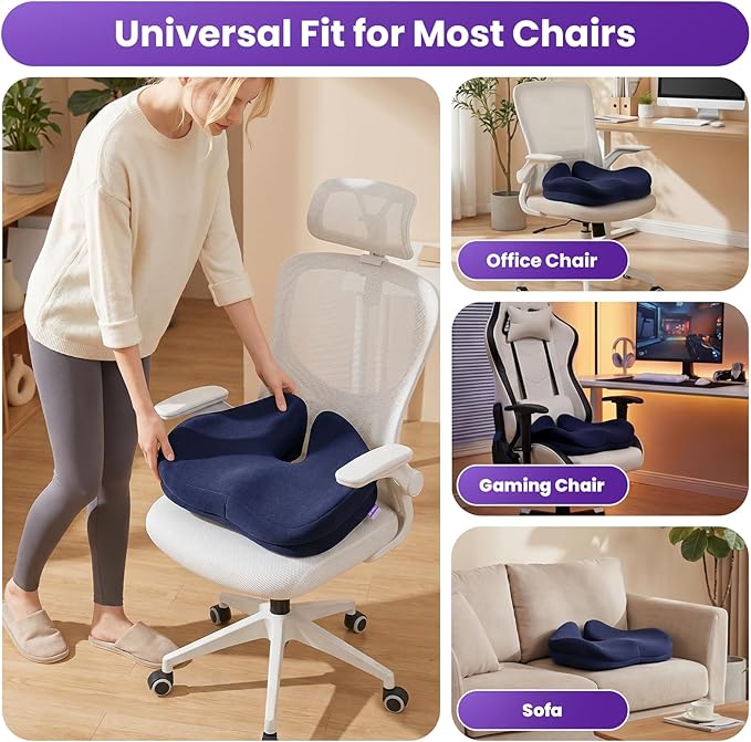 ZZ-WELL Seat Cushions for Office Chairs, Coccyx Cushion for Tailbone Pain, Memory Foam Butt Pillows for Computer Gaming Chair, Patented Pressure Relief Design Chair Cushion (Navy Blue, XX-Large)