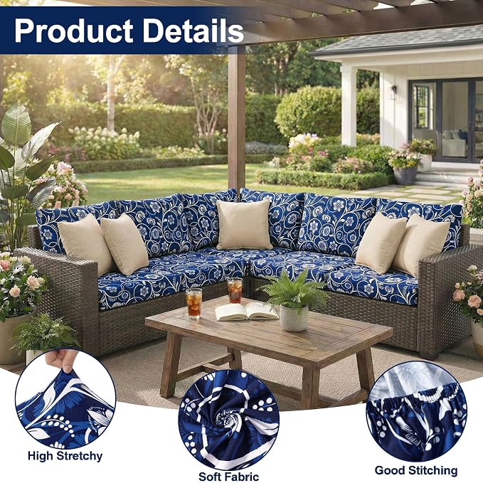 Smiry Waterproof Patio Cushion Covers, Stretch Outdoor Couch Slipcovers Replacement Washable Furniture Protector Sofa Chair Seat Cover for Dogs and Pets (14 Pcs, Navy)