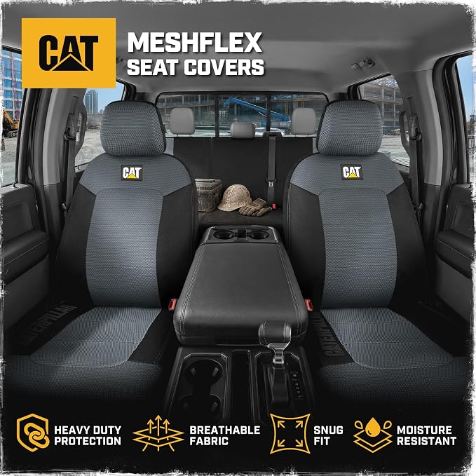 CAT MeshFlex Seat Covers Full Set for Full-Size Pickup Trucks Only - Gray | Front Bucket Seat Covers & 60/40 Split Rear Bench Protector – Interior Accessories For F-150, Silverado, Ram, Sierra & Tundra