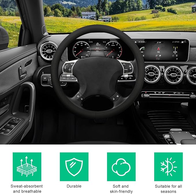 Car Steering Wheel Cover, 15" Breathable Leather Auto Wheel Protector with Comfortable Grip, Non-Slip Perforated Steering Wheel Protective Cover for SUV Truck Sedan Van (Black)