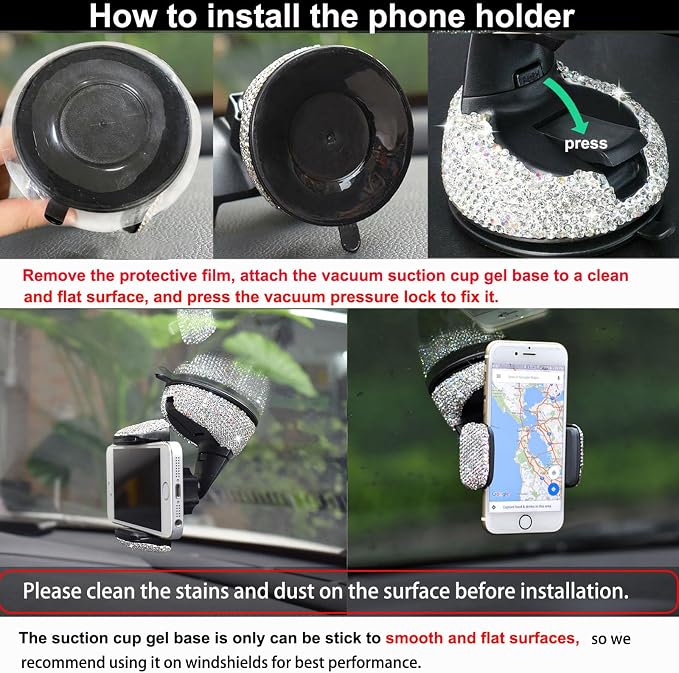 SUNCARACCL Bling Car Phone Holder, 360°Adjustable Universal Rhinestone Crystal Auto Phone Mount Stand Accessories for Windshield Dashboard and Air Outlet (White)