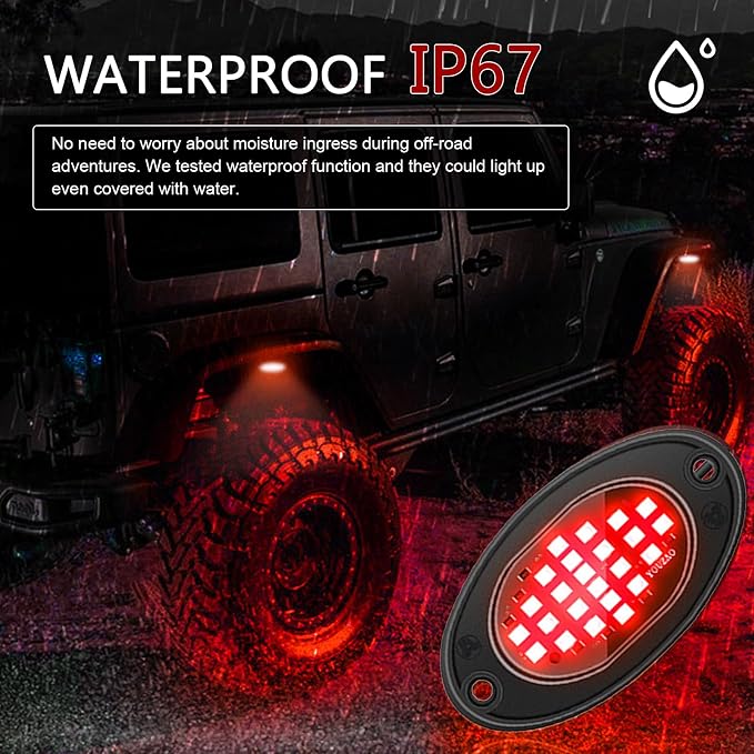 4 PCS LED Rock Lights, Super Bright Neon Underglow Lights, Waterproof Ambient Underglow Light Kit, Universal Undercar Neon Light Kit for Pickup Off Road RZR SUV ATV UTV Car (Red)