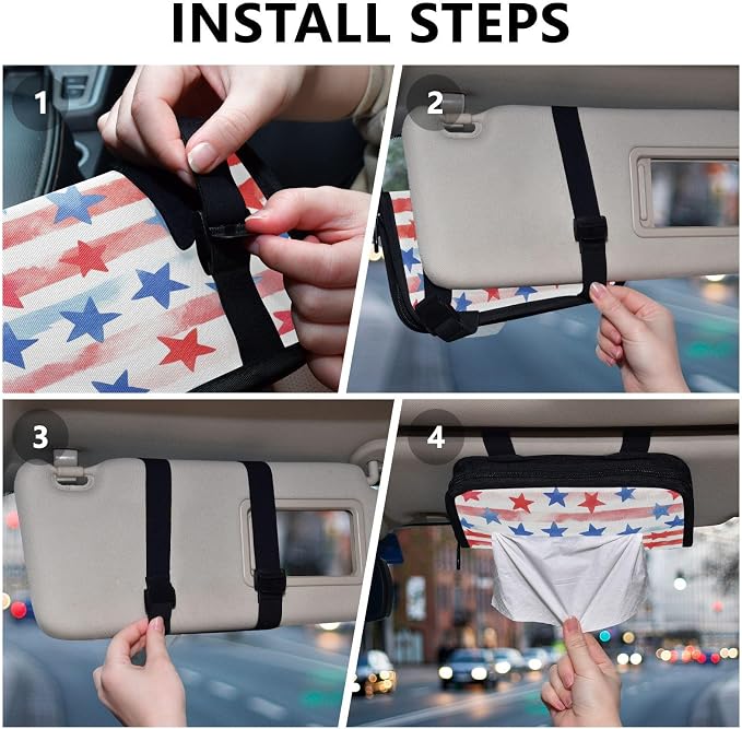 Car Visor Tissue Holder Mask Holder for Car, Car Tissue Box Sun Visor Napkin Holder Car Visor Accessories Adjustable Straps Reusable Durable Easy to Install July 4th Stripes Stars White