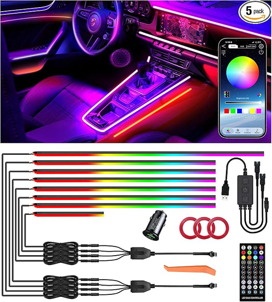 KENANEK 246’’ Acrylic Car Ambient Lighting – Multi-Color 8 LED Light Strips with App, Remote & Control Box, Music-Sync, Dual USB Car Charger, Universal Fit for Cars, SUVs, Trucks (Colorful-0801)