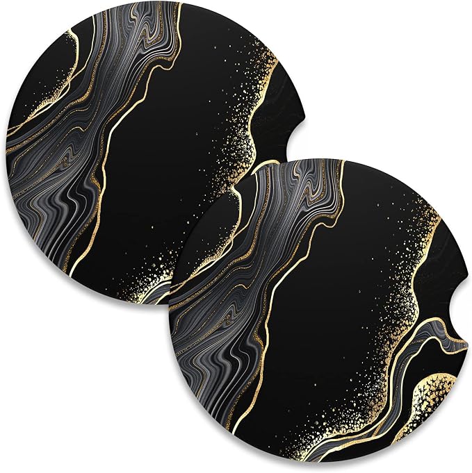 Nipichsha Car Coasters for Cup Holders, 2 Pack Absorbent Ceramic Car Cup Holder Coaster for Drinks, Cute Auto Assecories for Women Men, Size 2.56 in with Finger Notch & Cork Base, Luxury Black Marble