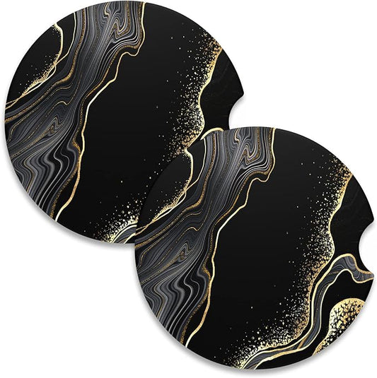 Nipichsha Car Coasters for Cup Holders, 2 Pack Absorbent Ceramic Car Cup Holder Coaster for Drinks, Cute Auto Assecories for Women Men, Size 2.56 in with Finger Notch & Cork Base, Luxury Black Marble