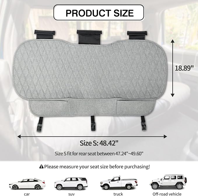 Leader Accessories Faux Linen Rear Bench Seat Cover, Size S, Grey | Breathable Back Seat Protector With Non-Slip Bottom, Diamond Stitched Bench Seat Cushion for Vehicles Cars Van SUV Truck