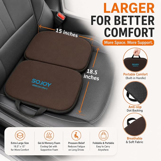 Sojoy 3-in-1 Foldable Gel Seat Cushion with Memory Foam Ergonomic Portable Cushion for Back Pain & Tailbone Relief - Perfect for Office Chair, Airplane Travel & Stadium Seats (18.5" x 15" x 2" Brown)