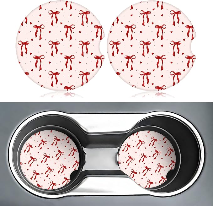 Cute Red Bow Car Coasters for Cup Holders,2 Pack Car Cup Holder Coasters for Car,Ceramic Absorbent Car Coaster with A Finger Notch and Cork Base,Car Interior Accessories for Women Men