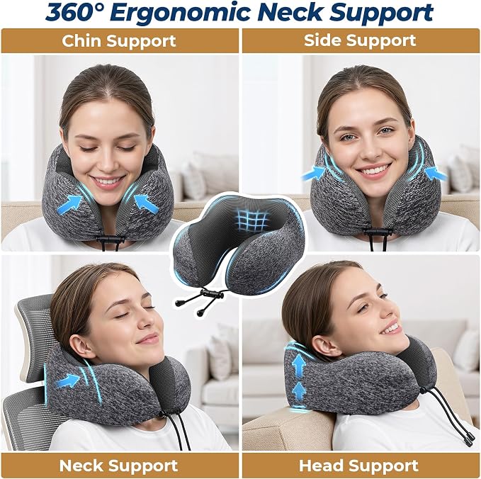 ExploreBliss Travel Pillow, Travel Pillows for Sleeping Airplane, Neck Pillow Airplane, Memory Foam Neck Pillow Set with Eye Mask, Earplugs and Storage Bag -Grey