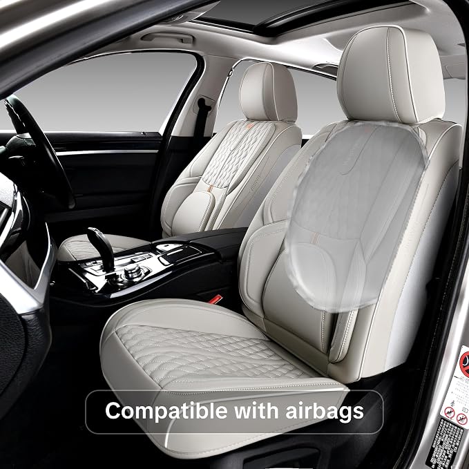Car Seat Cover Complete Set, Light Gray, Suitable for Most Cars | with Lumbar Support, Premium Artificial Leather, Waterproof and Easy to Clean, Airbag Compatible