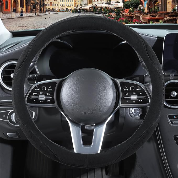 Black Suede Steering Wheel Cover Universal 14.5 inch to 15 inch | Warm in Winter and Cool in Summer, Felt Car Accessories, Breathable Non-Slip Sweat-Proof Wear-Resistant
