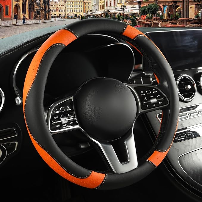 Black Orange Microfiber Leather Steering Wheel Cover 15 inch | Breathable Anti Slip Grip Cool Sporty Look Glow for Women Men