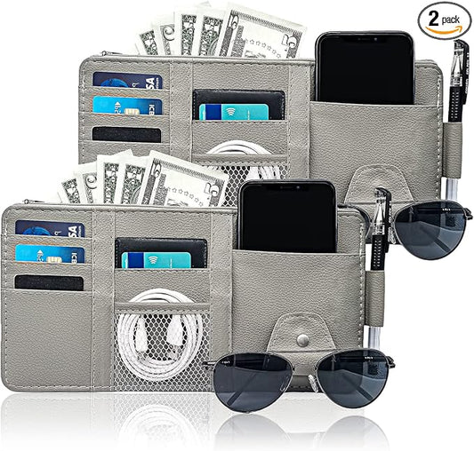 Keedolla 2Pcs Car Sun Visor Organizer with Zipper Pocket, Car Truck Visor Storage Pouch Holder Travel Auto Document Holder for Mobile Phone, Sunglasses, Card - Gray