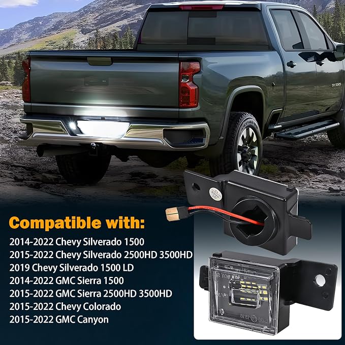 KanSmart LED License Plate Light for Chevy Silverado GMC Sierra 2014-2023 | OE 23251664 23251665, 6000K white, IP65 waterproof, Colorado Canyon pickup tag lamp assembly, 1500 2500HD 3500HD, plug play