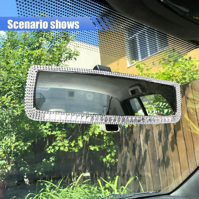 Bling Car Rear View Mirror, Clip-On Rhinestone Car Rearview Mirror with Crystal Diamonds, HD Glass Auto Interior Rear View Mirror, Car Decoration Accessories for Women Men Teens (Silver)