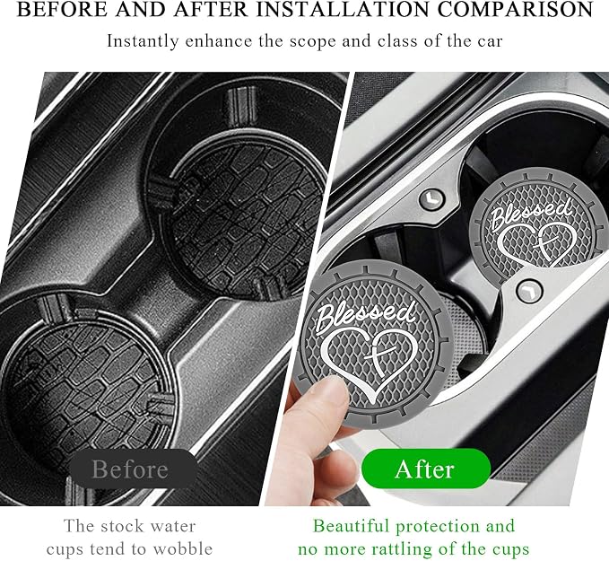 KVAEY 2 PCS Car Cup Holder Coasters, 2.76 Inch Anti Slip Vehicle Drink Mats with Cute Blessed Cross and Heart, Shockproof, Universal Car Accessories (Gray, 2 PCS)